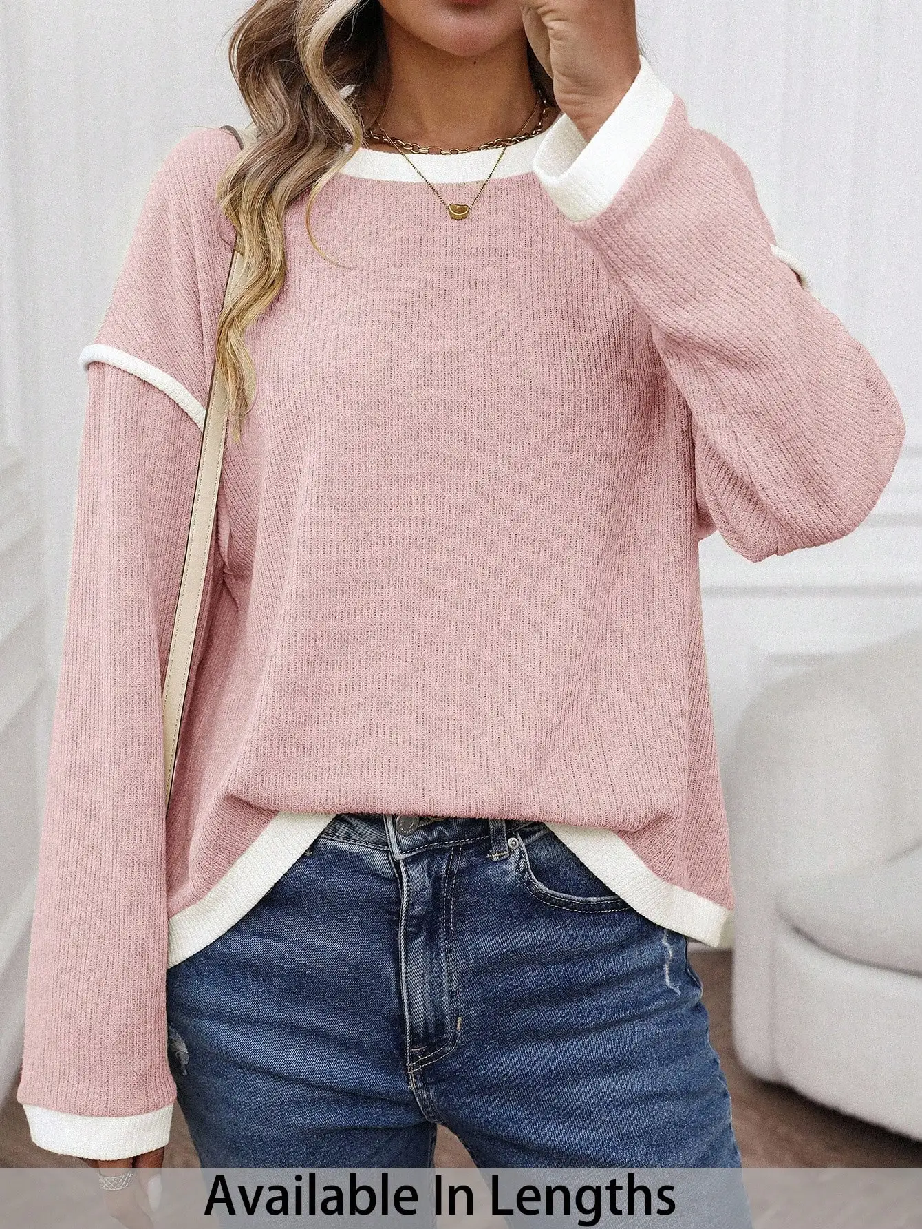 

Розовая вязаная кофта с контрастной отделкой и длинными рукавами для женщин, повседневный топ на осень-зиму
