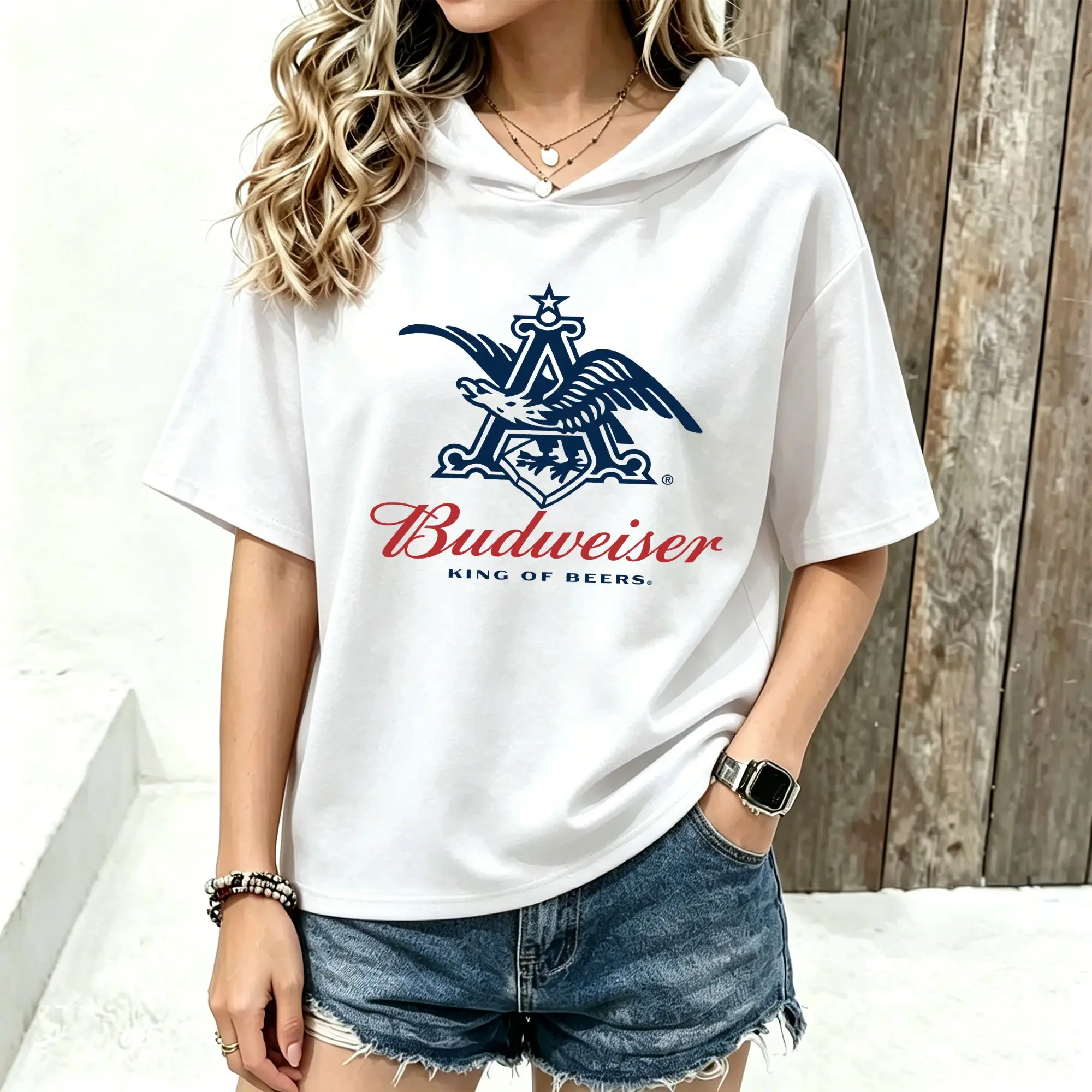 Women Short Sleeve Hoodie Retro Beer Eagle Logo Element Print Spring Summer Loose Casual Hooded Tee