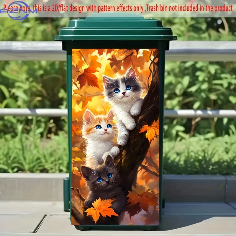 1pc Autumn Cats Trash Can Sticker,  - Adorable Kittens with Fall Leaves Design, Waterproof PVC Material, Perfect for Trash Can