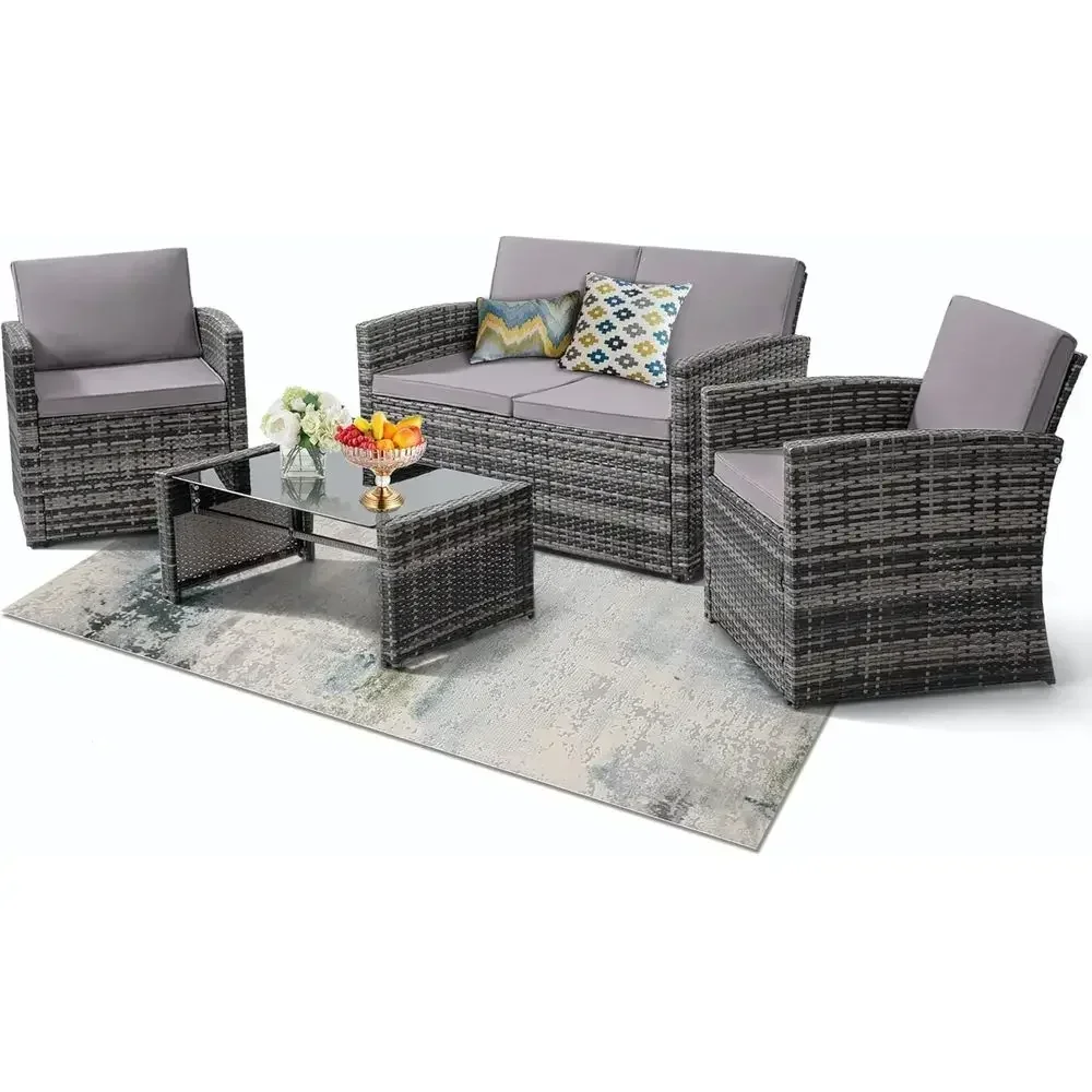 All-Weather Wicker Outdoor Sectional Sofa Set with Cushions and Glass Table, Perfect for Garden, Porch, Backyard, Grey
