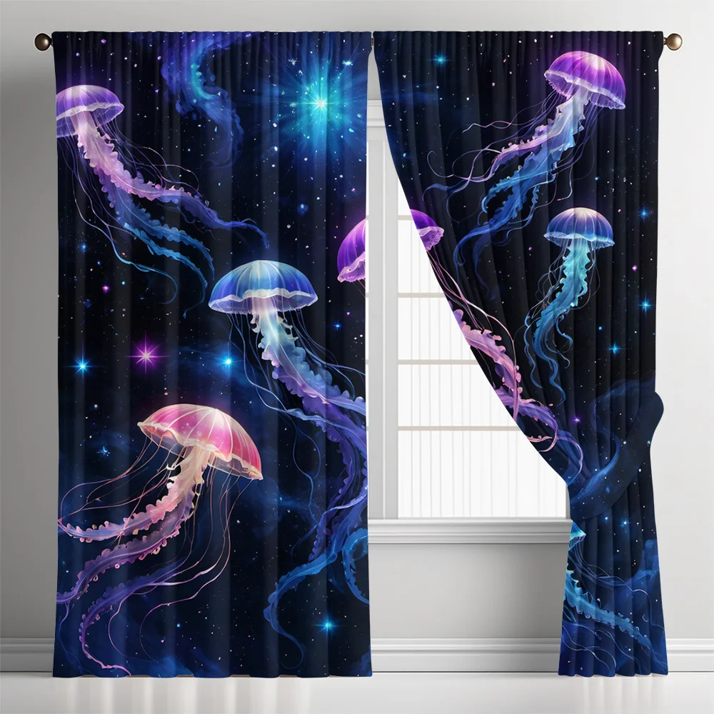 2pcs Dreamy Starry Sky Jellyfish Universe Printed Curtains, Modern Art Style with Rod Pocket for Home Decoration, Suitable for K