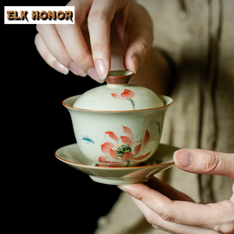 

120 мл ручная роспись Lotus Gaiwan Zen чайная подставка чайная чаша с крышкой комплект чайник крышка чаша чайные услуги коллекция аксессуаров