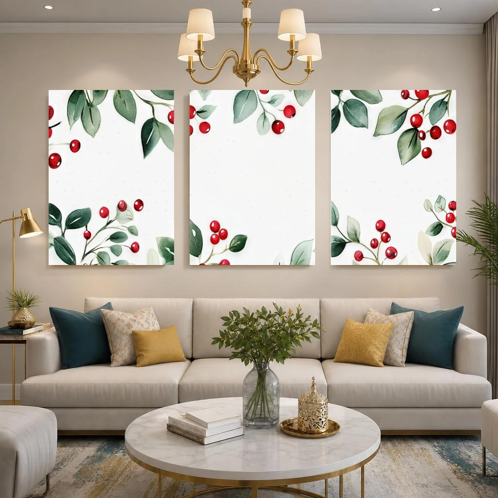 2D Flat, 2D Flat, 3pcs Modern Botanical Frameless Wall Art, Green Leaves Red Berries Border Pattern Print, No Frame Home Deco