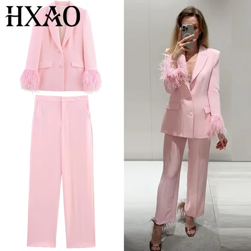 HXAO-Conjunto de pantalón de plumas rosas para mujer, conjunto de dos piezas, traje de manga larga, ropa de oficina, conjuntos de pantalones de cintura alta, 2025