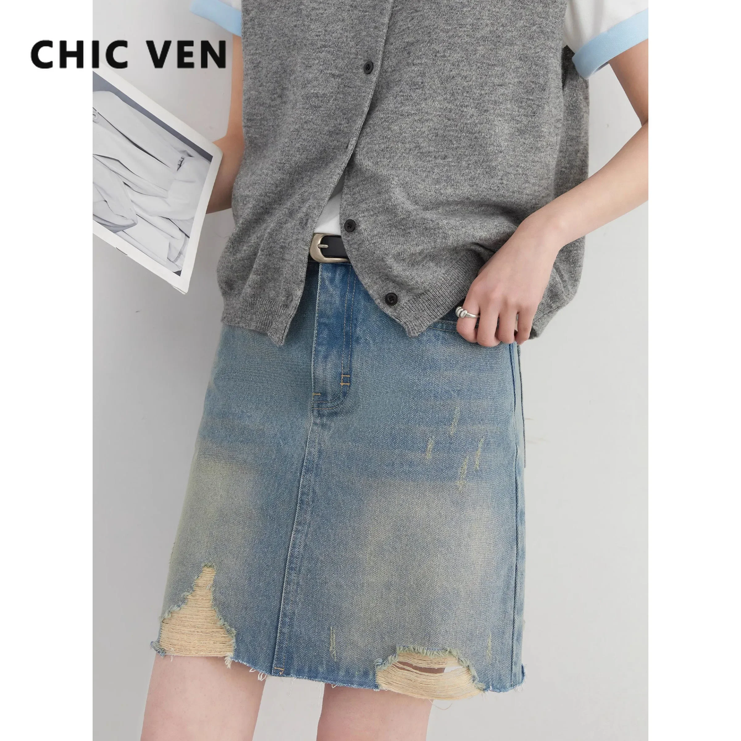 CHIC VEN Frauen Röcke Blau Neue Hohe Taille Denim A-linie Kurzen Rock Ausgefranste Kanten Baumwolle Weibliche Mini Rock Frühling Sommer 2025