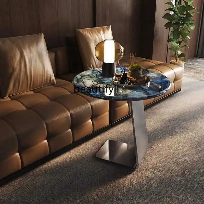 Italian minimalist luxury stone coffee table round sofa edge light luxury designer modern simple small tea table