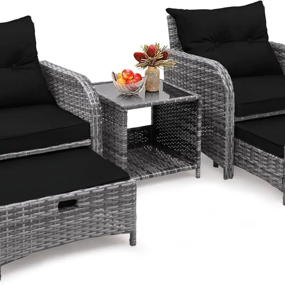 

Черный набор плетеных стульев для улицы из 5 предметов с пуфиками и приставным столиком для патио, балкона или солнечной комнаты