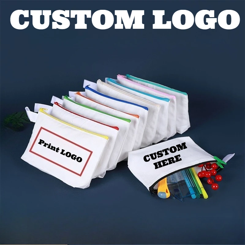Custom Logo 5PCS Canvas Zipper Bags Multifunctional Blank DIY Craft Pouches Pencil Bags Case Pouch Travel Makeup Storage Bags