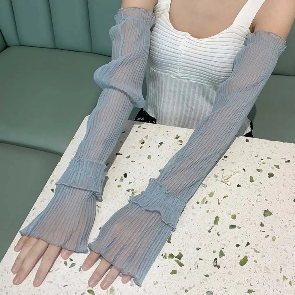 

Элегантные тонкие сетчатые чехлы на руку с листьями лотоса солнцезащитные сетчатые кружевные перчатки с длинными рукавами женские рукава в Корейском стиле