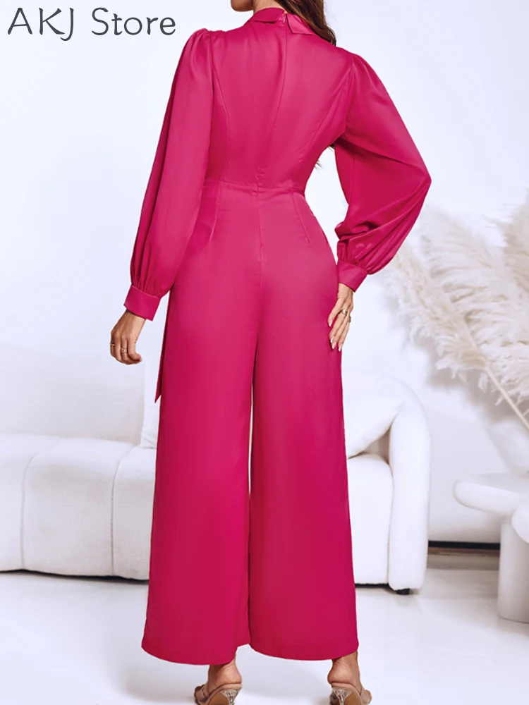 จั๊มพ์สูทคอวีแขนทรงโคม ดีไซน์ซิปหลัง ทรงขากว้าง สไตล์ลำลอง พร้อมเข็มขัด