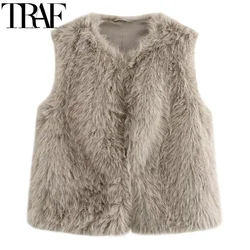 TRAF Faux Fur gilet grigio corto Cardigan soffice inverno donna gilet autunno senza maniche cappotti gilet caldo donna cappotto corto gilet