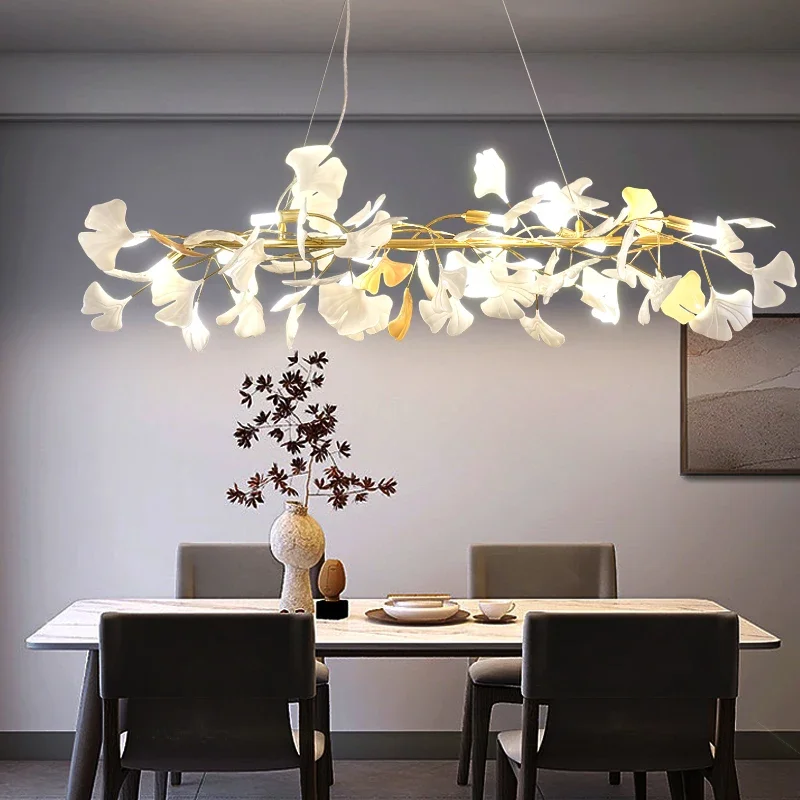 Nordic LED Chandeliers Ginkgo Leaf Branch Gold Pendant Lights Hotel Dining Living Room Bedroom Art Lobby Decoration Chandelier