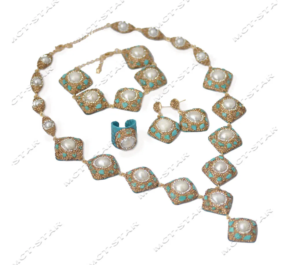 

Z13298 Luxury Set 25mm White Round Pearl Golden Square Turquoise All CZ Necklace Bracelet Earring Ring Custom Jewelry