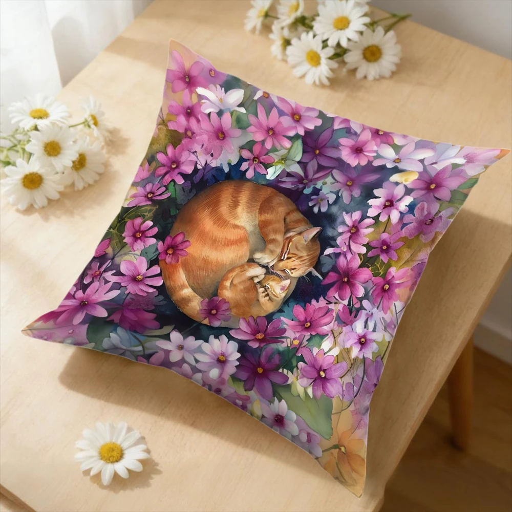 1pc Floral Cat Cushion Cover Purple Pink Flower Pillowcase For Sofa Bed Home Decor Soft Comfortable Throw Pillow Case