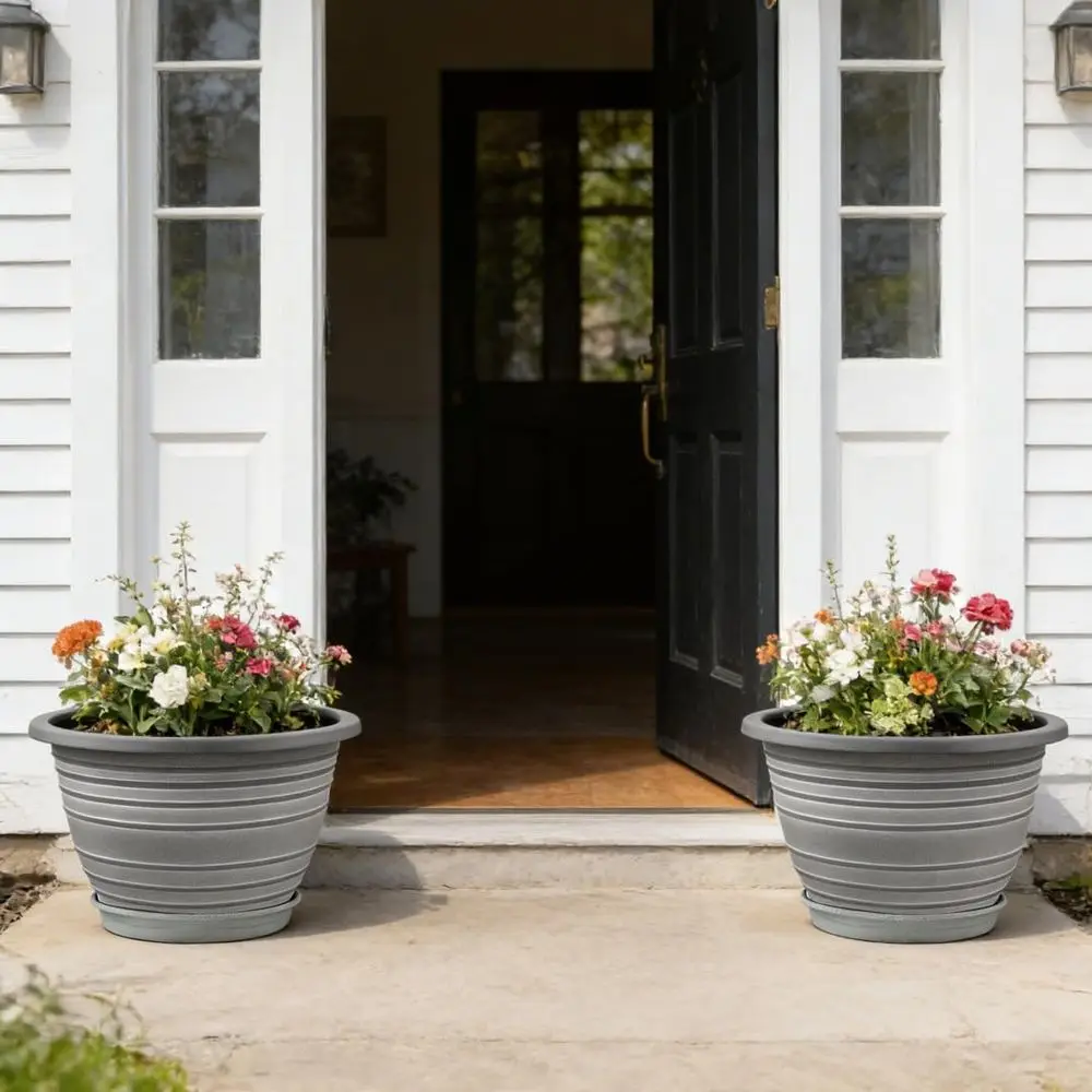 12 Inch 3-Pack Plastic Plant Pots with Saucer and Drainage Holes, Vintage-Style Indoor-Outdoor Decorative Planters
