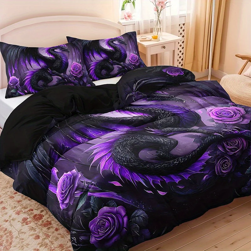 Immagine 7: Set di Biancheria da Letto con Drago Viola Scuro e Rosa, Stampa ad Alta Definizione, Stile Gotico Misterioso e Romantico per Camera da Letto