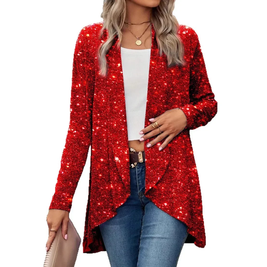 Spring Women Sequined Blazer Coats Casual Female Notched Long Sleeve Bling Asymmetrical OL Business Cardigan Jackets XTYFZ-A127