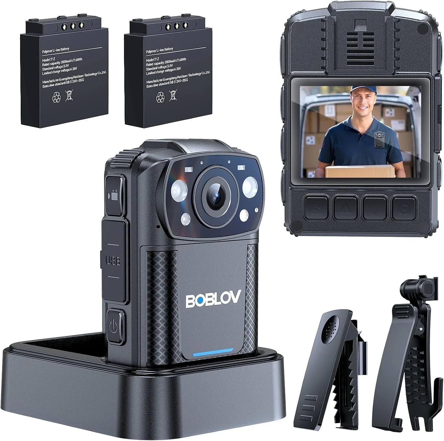 BOBLOV KJ26 2K Body Camera with Dual 2000mAh Batteries & Charging Base 8H Continuous Recording Night Vision Mini Camera 360° Rotatable Clips For Law Enforcement, Security, Patrol And Outdoor Use