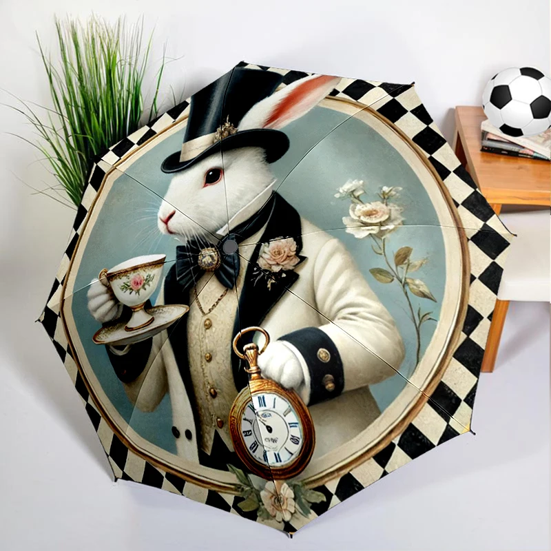 Retro Coffee Bunny Umbrella Automatic Open/close, Sturdy Iron Frame & 8-Rib Structure, Umbrella for Women & Men, Christmas Gifts