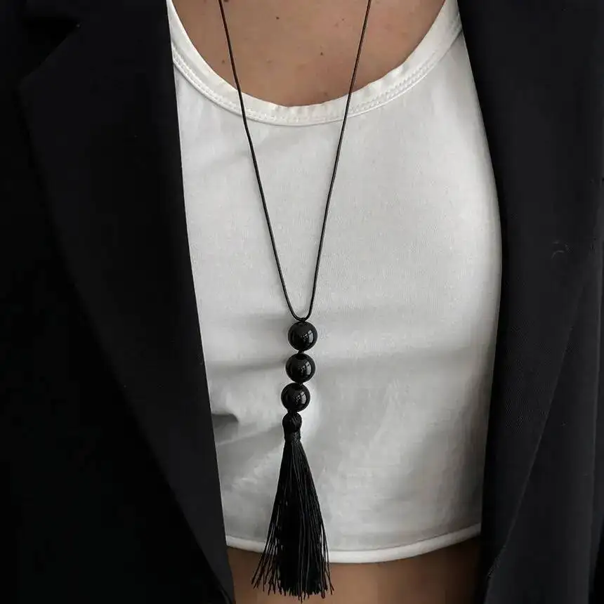 

Black Acrylic round Beads Long Necklace Adjustable Vintage Rope Chain Trendy Simple Women's Jewelry Accessory