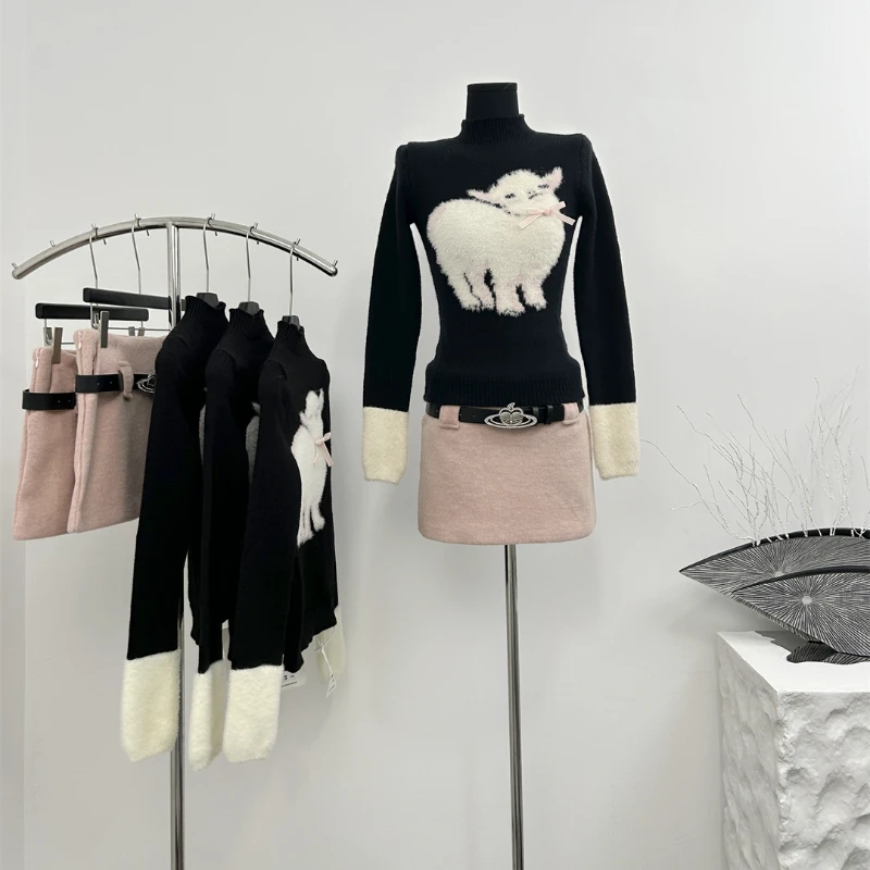 Autumn Winter Y2k Cute Knit Elegant 2 Piece Set Women Black Kawaii Sweater + Pink Chic Mini Skirt Female Sweet Retro Clothing