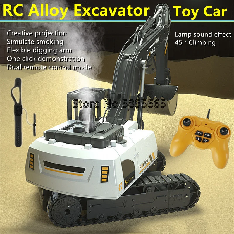 Creative Projection Smoke Alloy Remote Control Excavator Truck Dual Operation Mode 360 ° Rotate Dig Arm 45 ° Climbing RC Truck