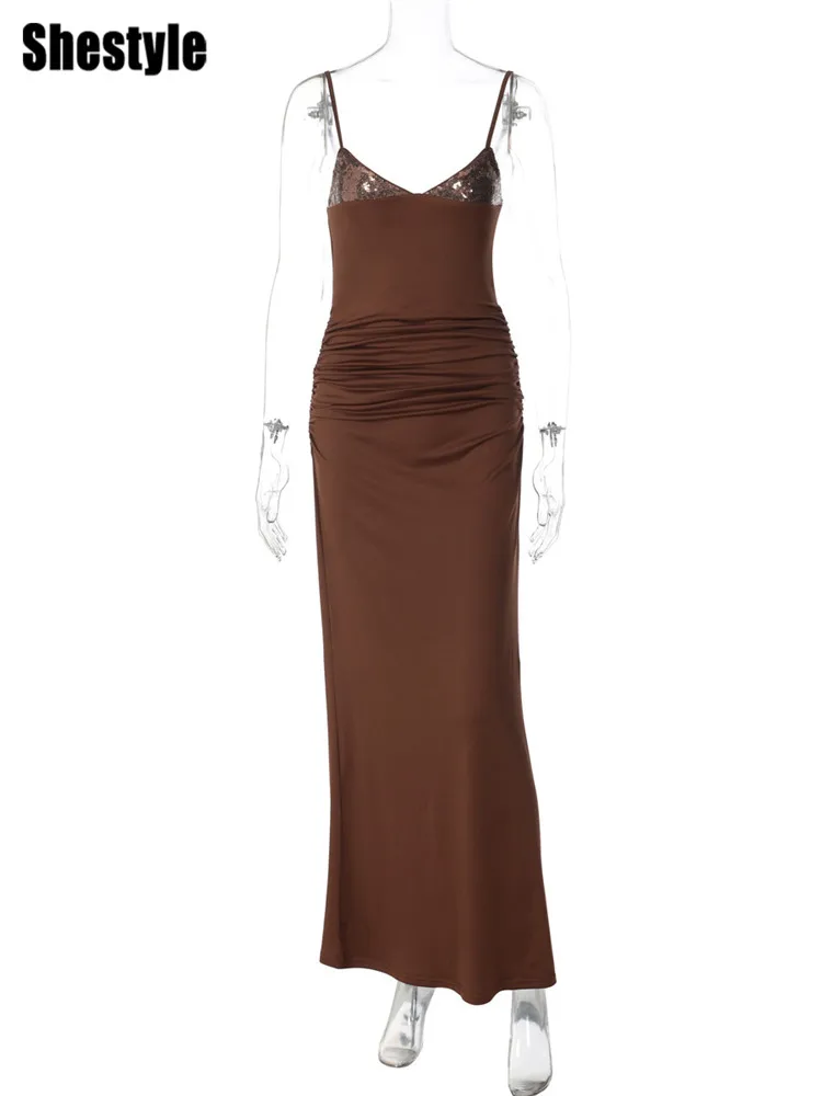 Shestyle marrom cinta de espaguete elegante vestidos longos renda sólida retalhos decote em v elástico fino outwear suspender robes