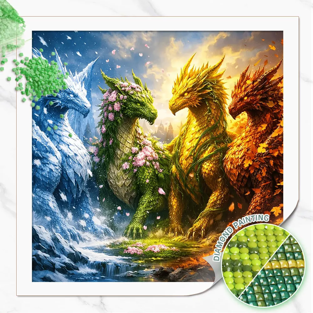 Huacan Full Square Round Diamond Painting Four Seasons Divine Dragon Diamond Mosaic Animal Landscape Complete Kit Gift