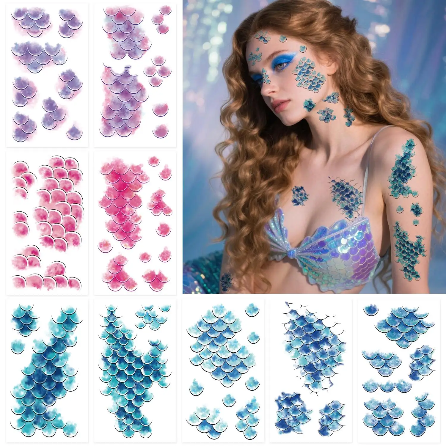 

10 шт., водонепроницаемые временные татуировки с рыбьей чешуей русалки для женщин, праздничные украшения для вечеринок, поддельные татуировки, наклейки
