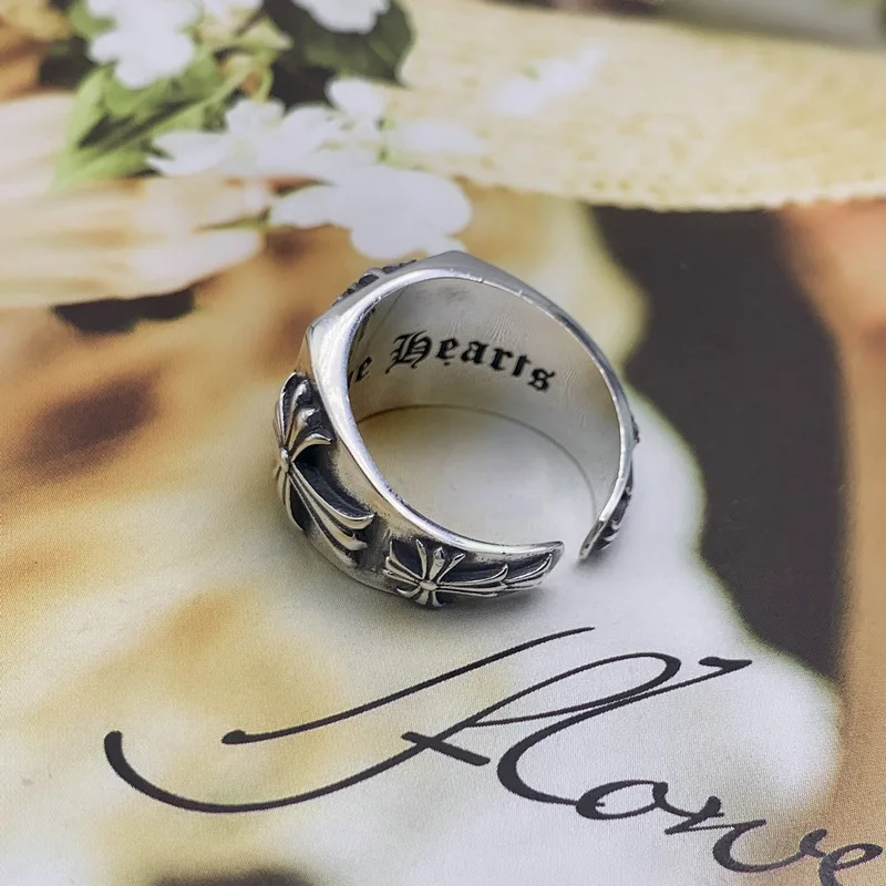 s925Sterling Silver Open Ring for Men Trendy European and American Style Retro Personality Cross Ring Index Finger Ring