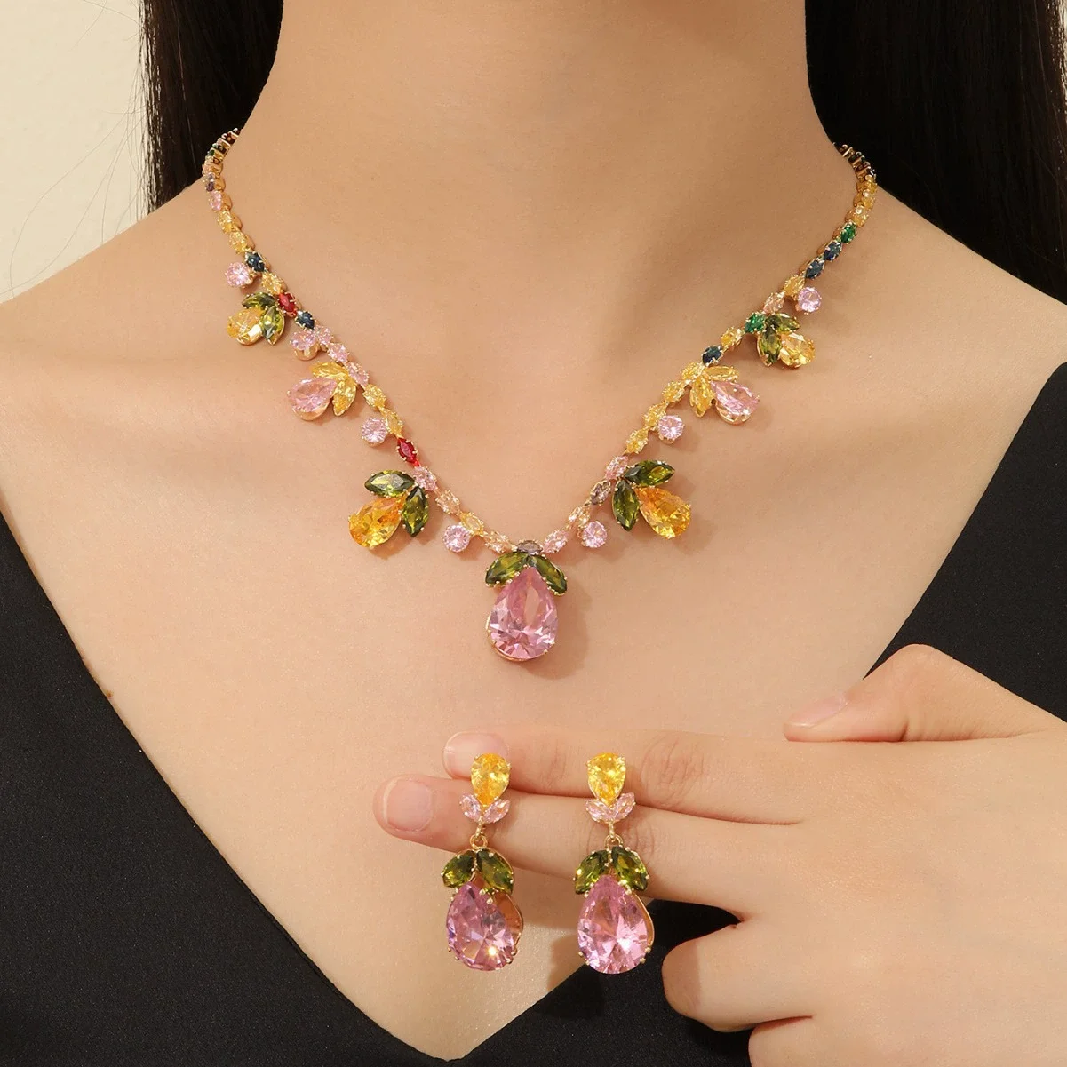 

Luxury Brilliant Zirconia Flower Necklace Earrings Set for Women CZ Drop Bridal Wedding Jewelry Sets New