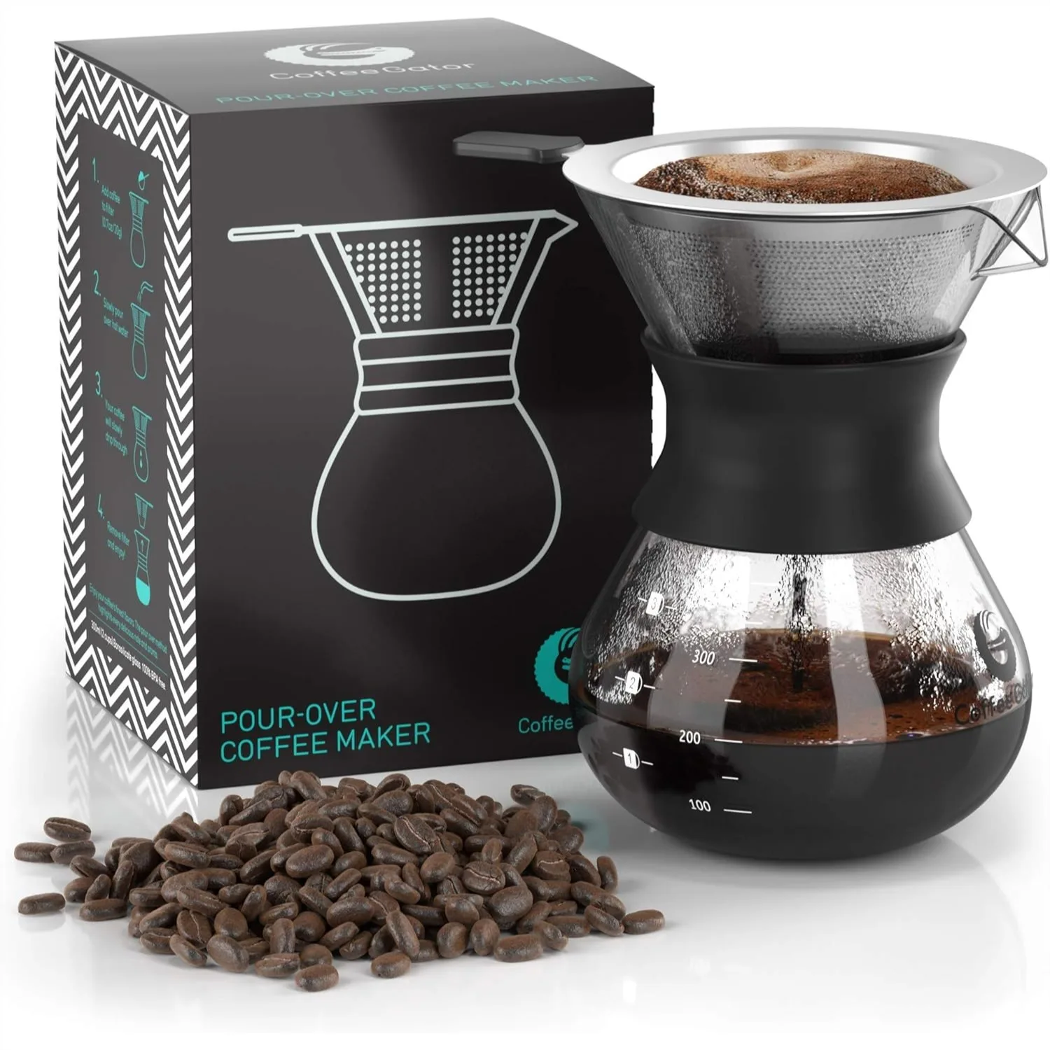 Pour Over Coffee Maker with 10.5oz Borosilicate Glass Carafe and Reusable Stainless Steel Filter, 300ml Black