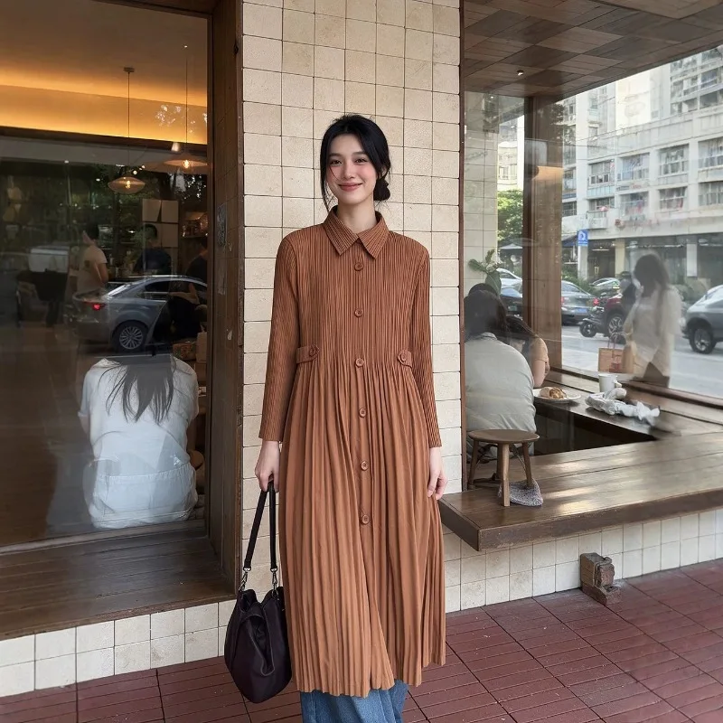 Women's Pleated 2026 Autumn Winter New Solid Color Single Row Multi-Button Turn-Down Collar Trench Coat Casual Elegant Jacket