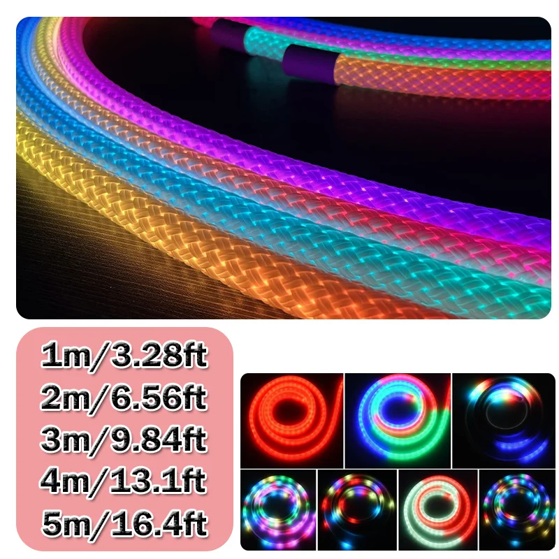 360 Degree Round Reticulate Neon LED Strip with Remote Control,RGBIC Nylon Flexible Dream Colorful Rope Light For Bedroom Living