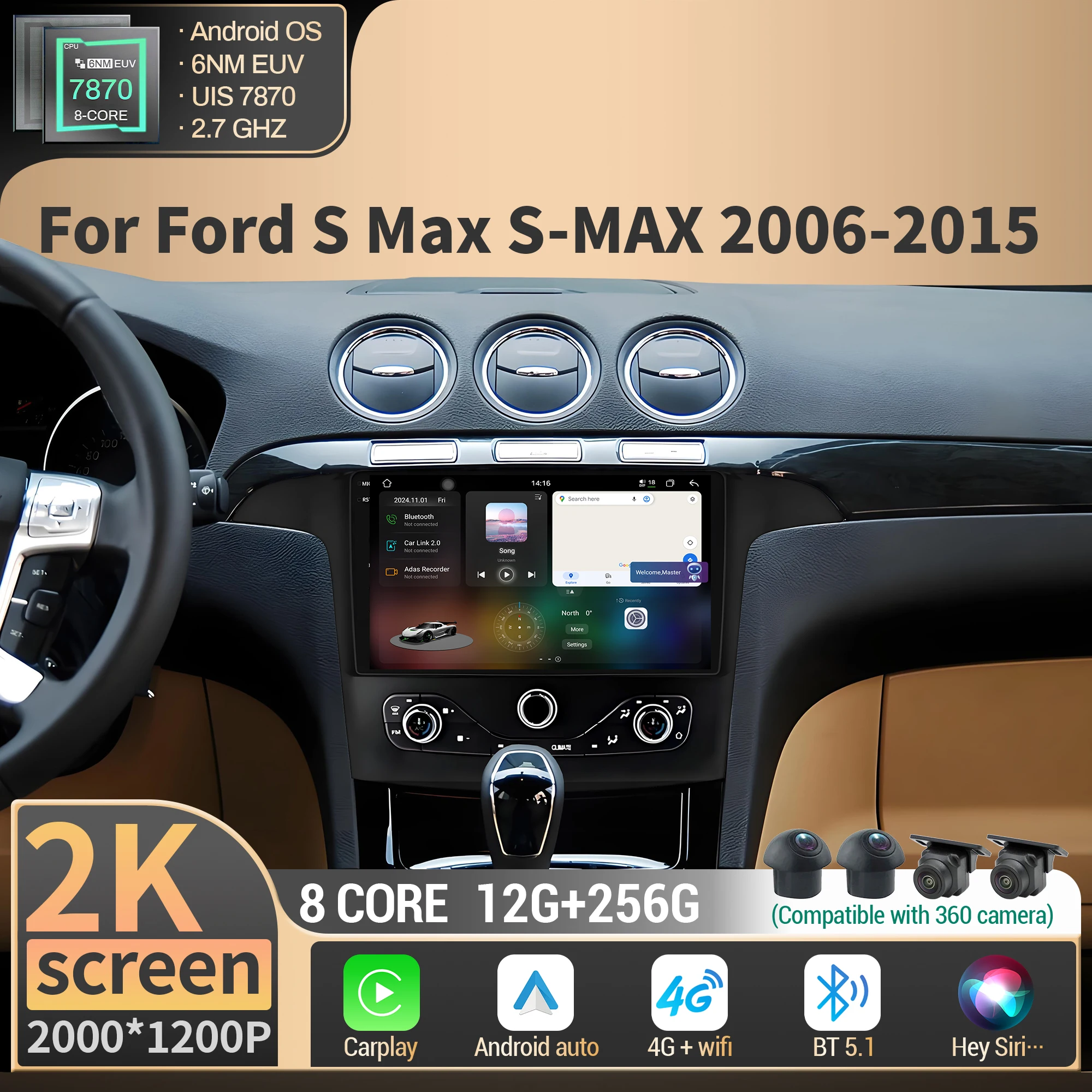 

For Ford S Max S-MAX 2006 2007-2015 Car Radio Multimedia Navigation Android Wireless BT CarPlay CPU 7870 2K QLED Screen Stereo
