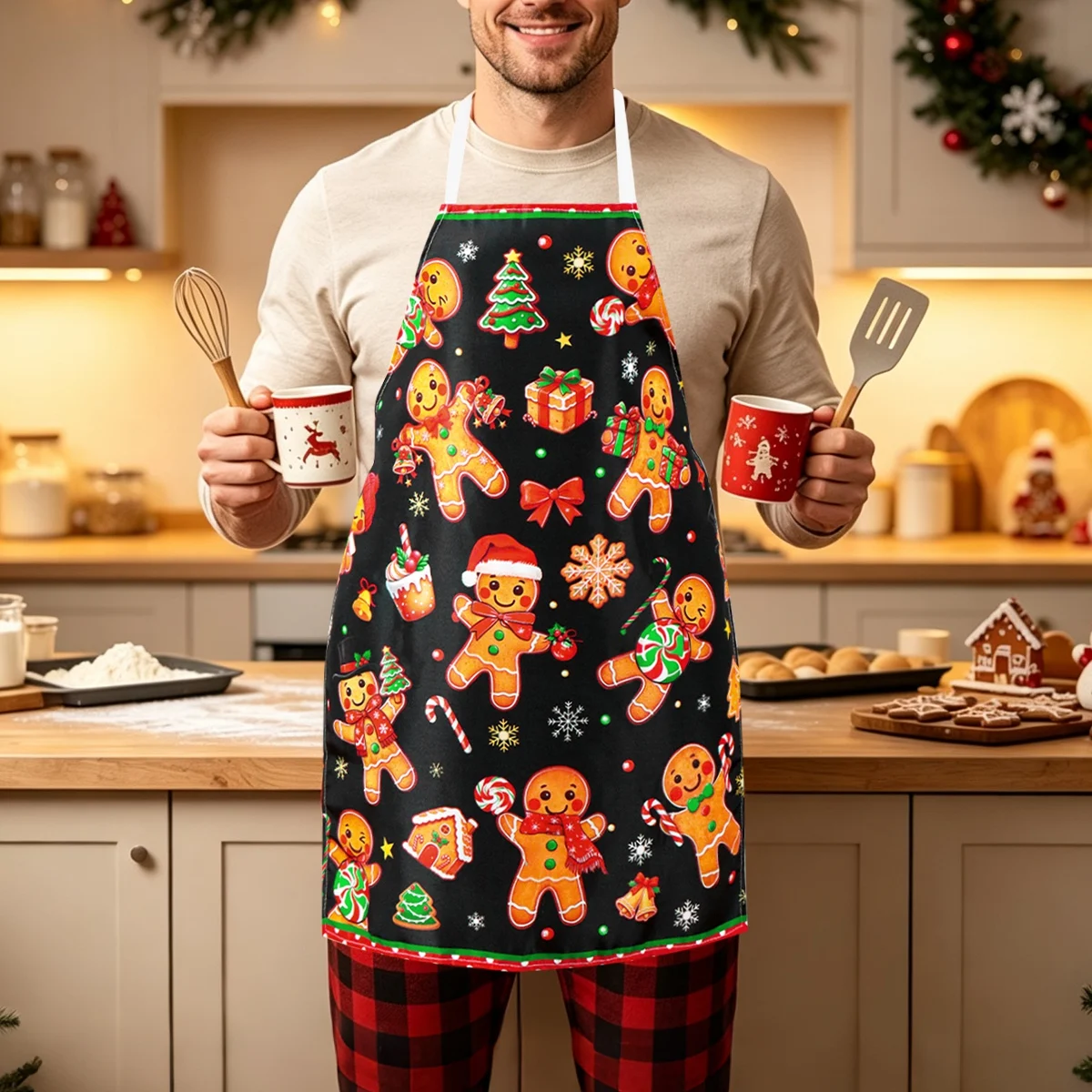 50*70cm Gingerbread Man Christmas Apron Polyester Dustproof Apron for Kitchen Xmas 2026 Home Chef Baking Cloth 2D Flat