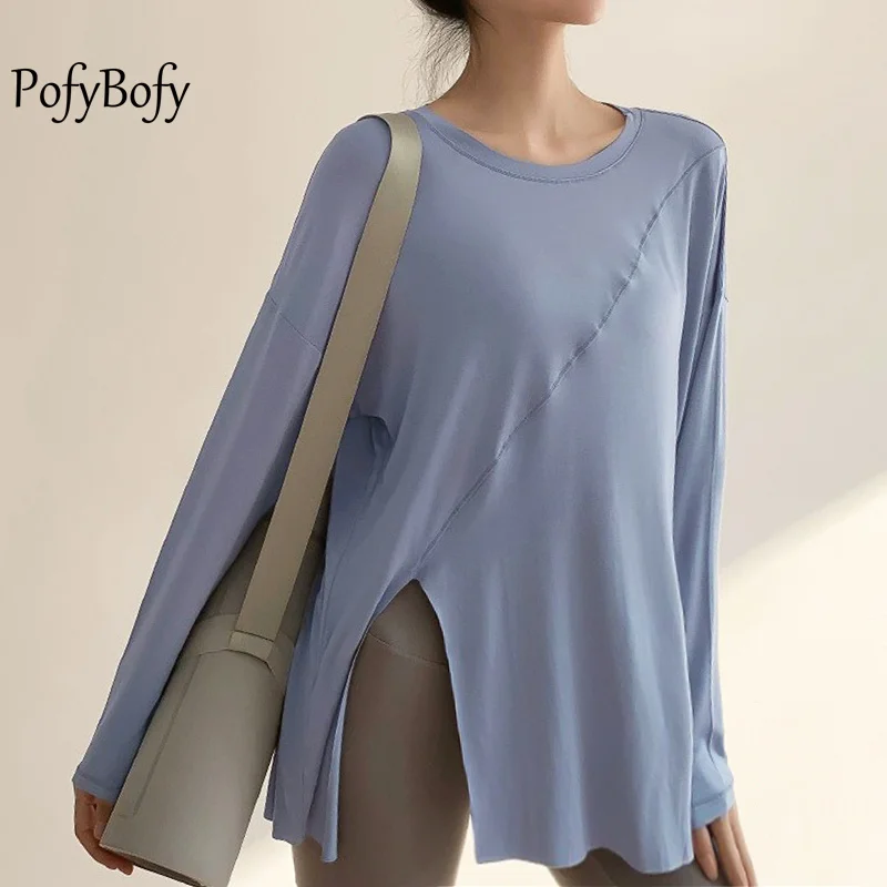 

PofyBofy Side Slit Quick Dry High Elastic Loose Breathable Long Sleeves Women’s Yoga T-shirt Fitness Workout Dancing Basic Tops