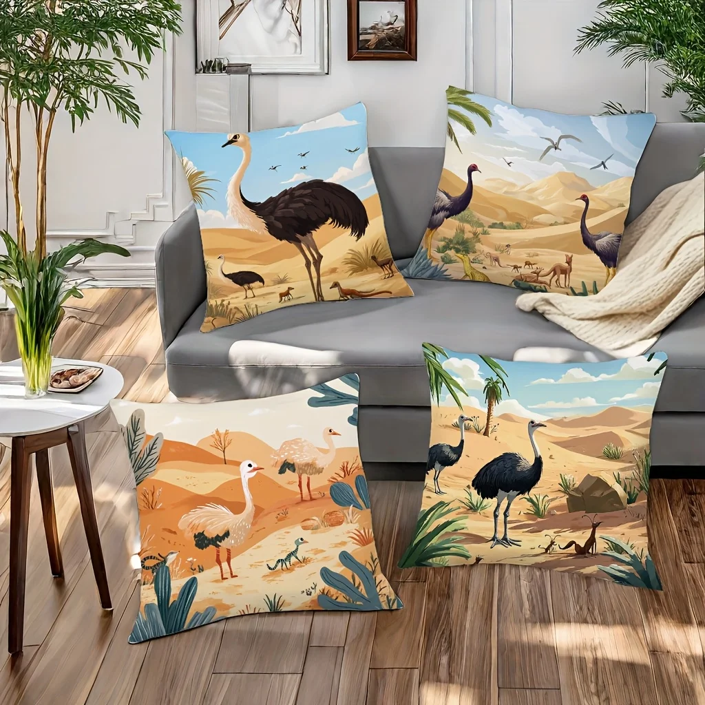 Ostrich and desert patterns Single-sided printing Short plush Suitable for living rooms bedrooms sofas (excluding pillow cores)