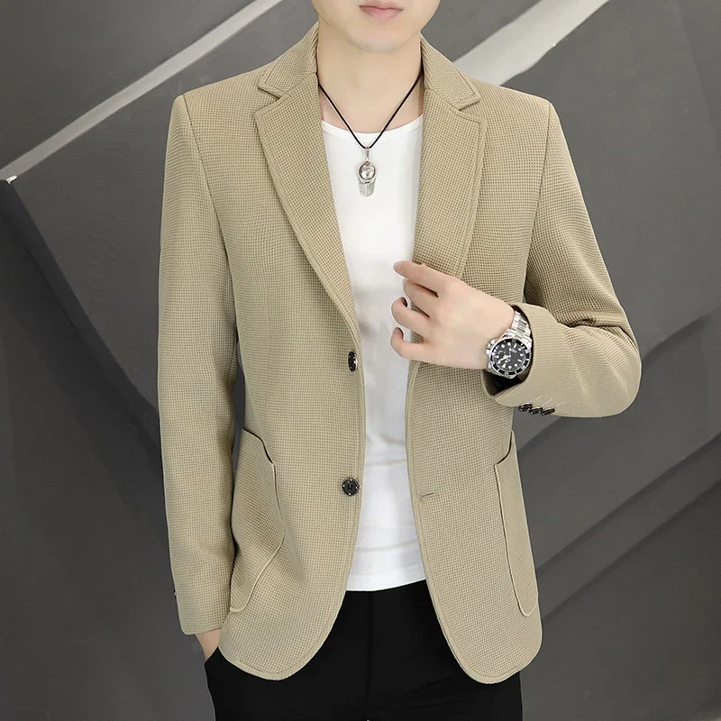 Men's One Button Suit New Fashion Solid Color Waffle Fabric Business Casual Formal Wear Commuter Office Comfortable Work Clothes