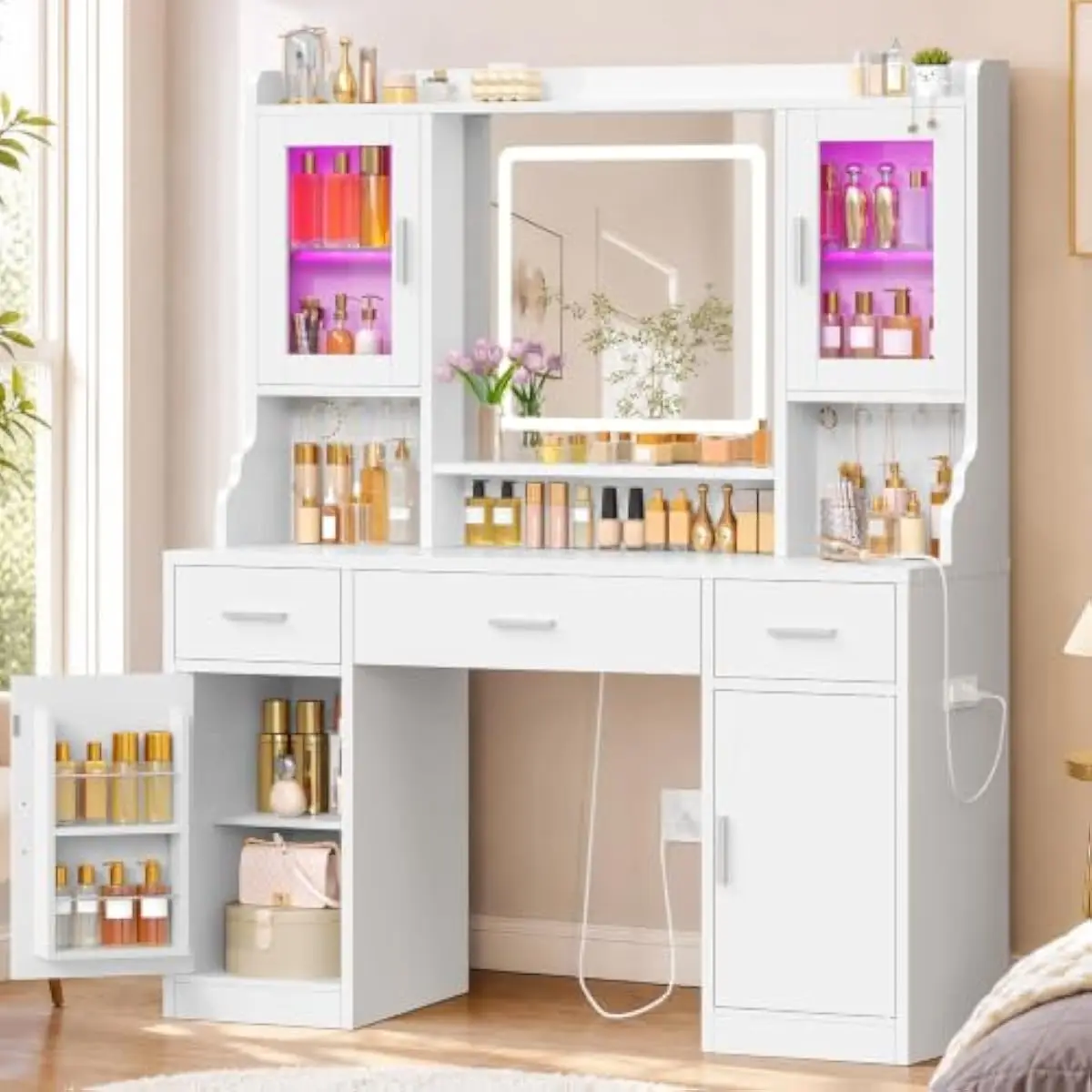 Vanity Desk with Smart LED Mirror, RGB Glass Cabinets, 3 Drawers + 4 Storage Compartments, Integrated Power Socket, 6 Metal Hook