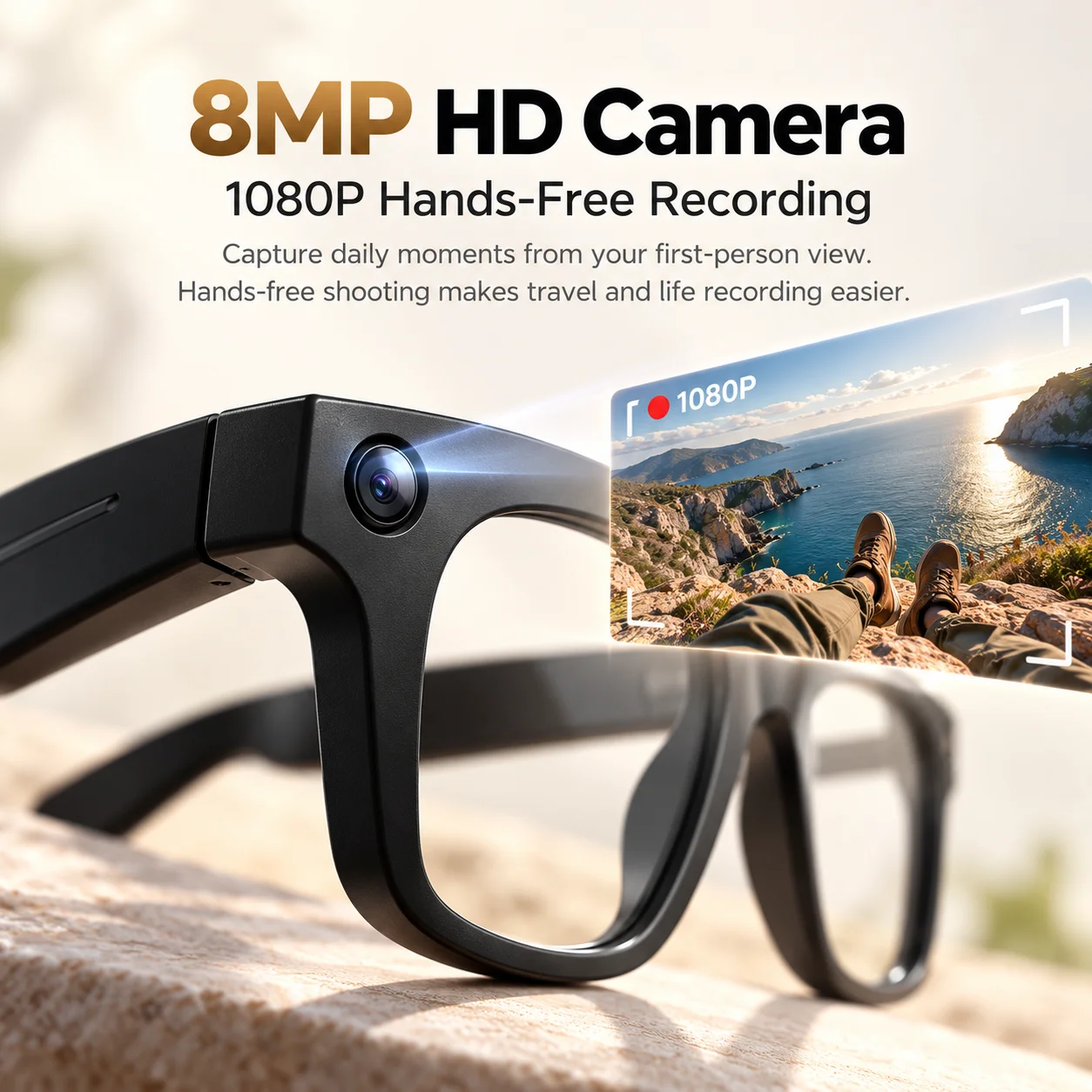 AI Smart Glasses with 8MP Camera 1080P Video Recording Real-Time Translation AI Voice Assistant 2000mAh Charging Case