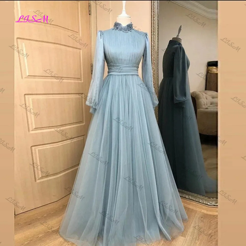 Muslime Tulle Evening Dresses High Neck Appliqued Puff Long Sleeves Modest Formal Women Prom Gowns Wedding Guest Outfits