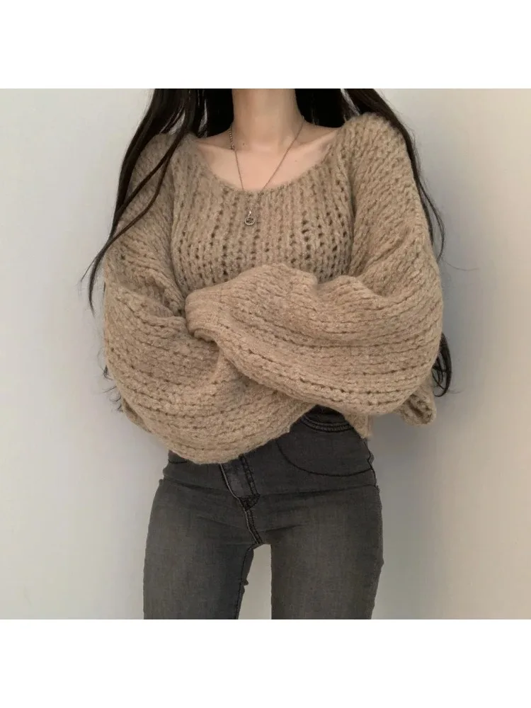 Dolce maglione autunnale lavorato a maglia con design scavato, pullover ampio da donna, top casual lavorato a maglia a maniche lunghe con scollo tondo