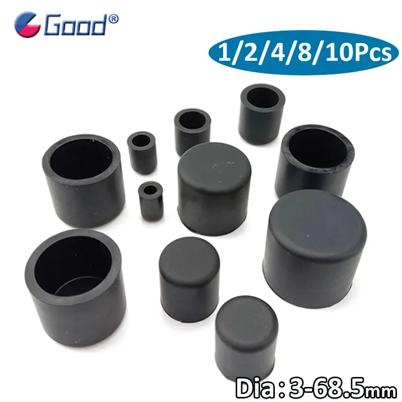 Black Silicone Round Pipe Tube End Cover Rubber Caps Table Chair Feet Pads Female Cap3/3.7/4.7/5.7/6.7mm~68.5mm