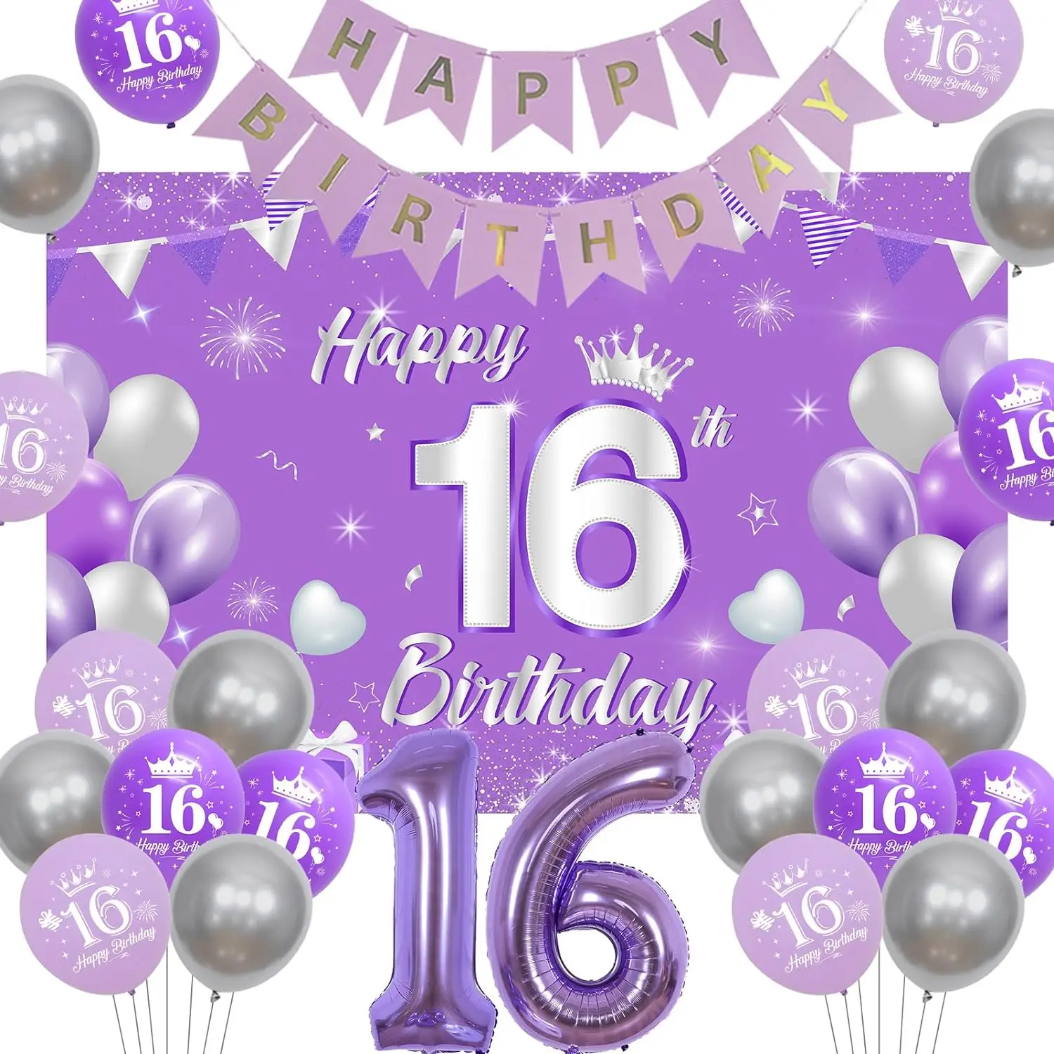 

16th Birthday Decor Sweet Sixteen Happy Birthday Banner Balloons Backdrop 16 Foil Balloon for 16th Birthday Party Supplies