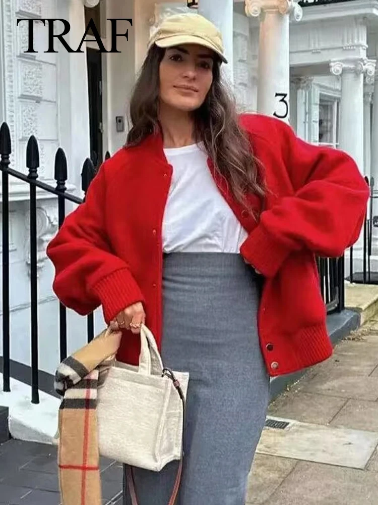 

TRAF 2025 Women's New Fashion Vintage Red Cropped Jacket Pocket Stand Collar Long Sleeve Coat Elegant Chic Coat Streetwear Mujer