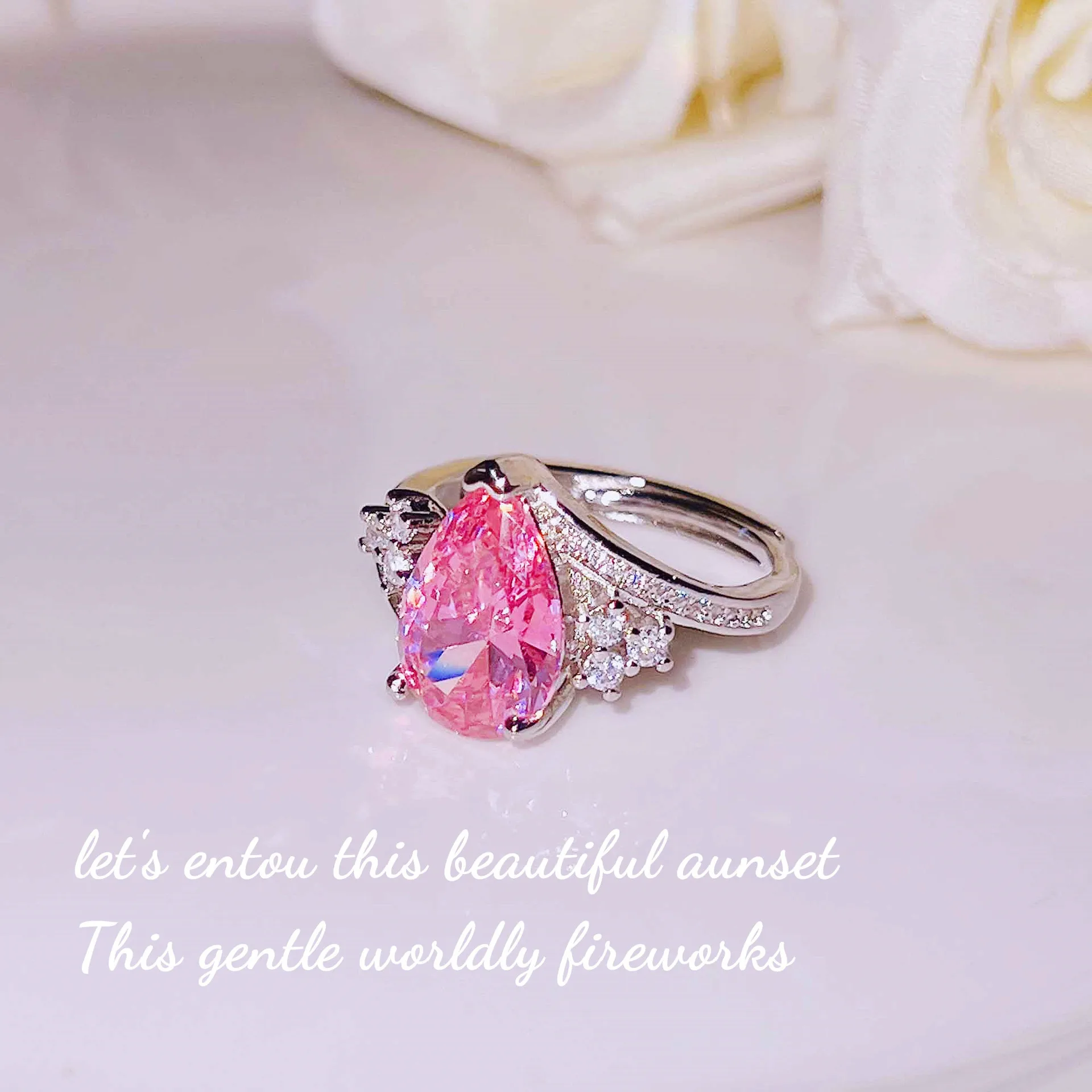 S925  Silver Open Ring New Light Luxury Style Inlaid Pink Diamond Sapphire Water Drop Pear Shaped Colorful Gem Fine Jewelry Gift