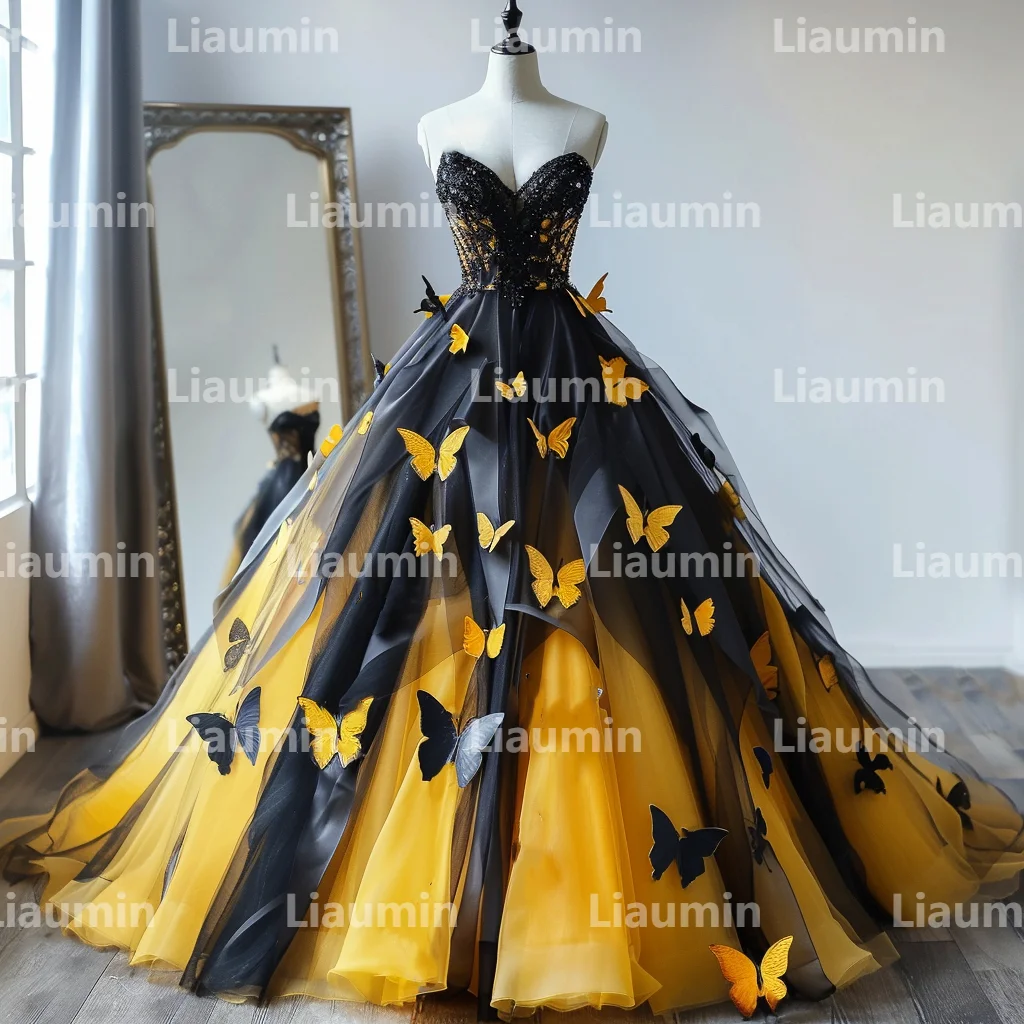 Yellow Tulle Black Butterfly Evening Dresses Bridal Gowns Floor Length Formal Brithday Party Clothing Hand Made Custom W15-32