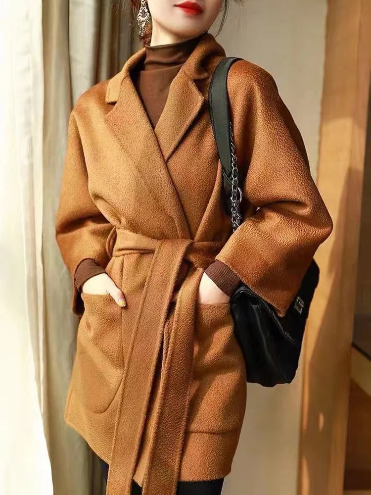 LANMREM 2024 Spring And Winter Wool Coats Water Ripple Double-sided Tweed Belt Coats Female High End Luxury Clothing 2R4101