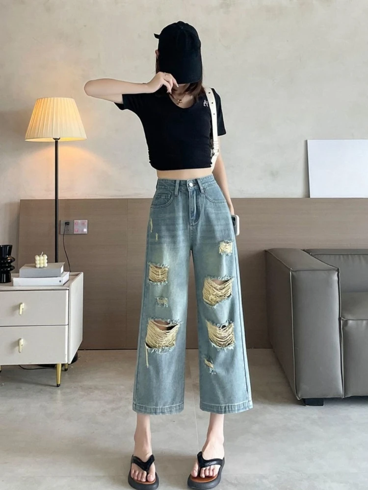 2026 New Summer Women's Ripped Jeans Straight Leg Loose Slimming Petite Wide Leg Cropped Lightweight Fashion